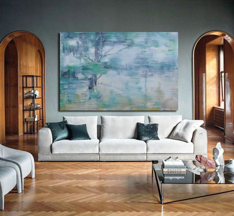 Original Artwork Extra Large Abstract Painting,Horizontal Abstract Landscape Oil Painting On Canvas,Big Painting,Grey,Green,Yellow.etc